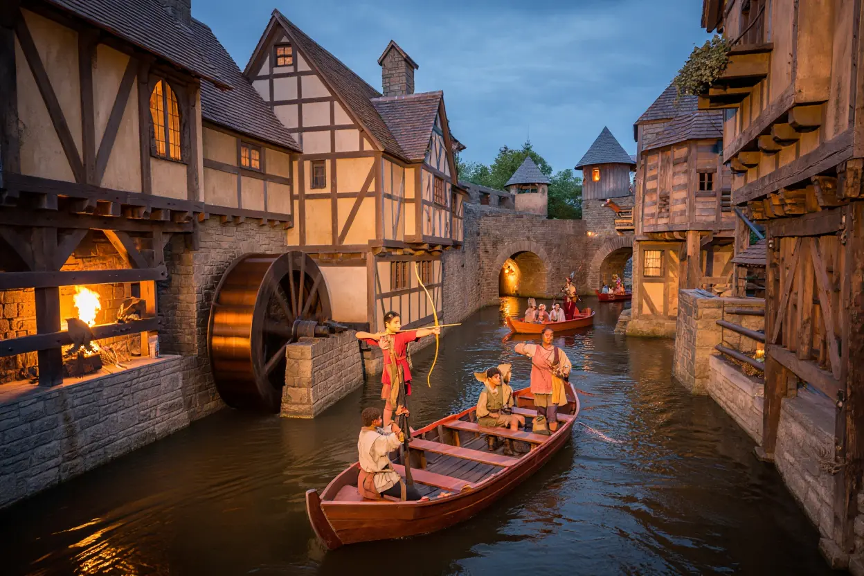 Barques familiales naviguant à travers un village médiéval animé avec des personnages costumés, un moulin à eau et des maisons à colombages.
