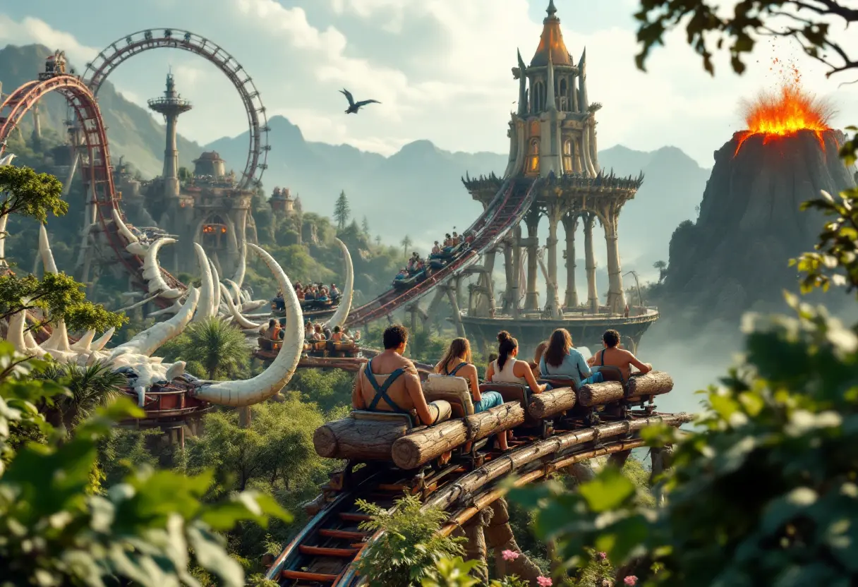 Des visiteurs dans un grand huit en bois traversent des paysages fantastiques avec un volcan en éruption, des temples anciens et des montagnes impressionnantes.