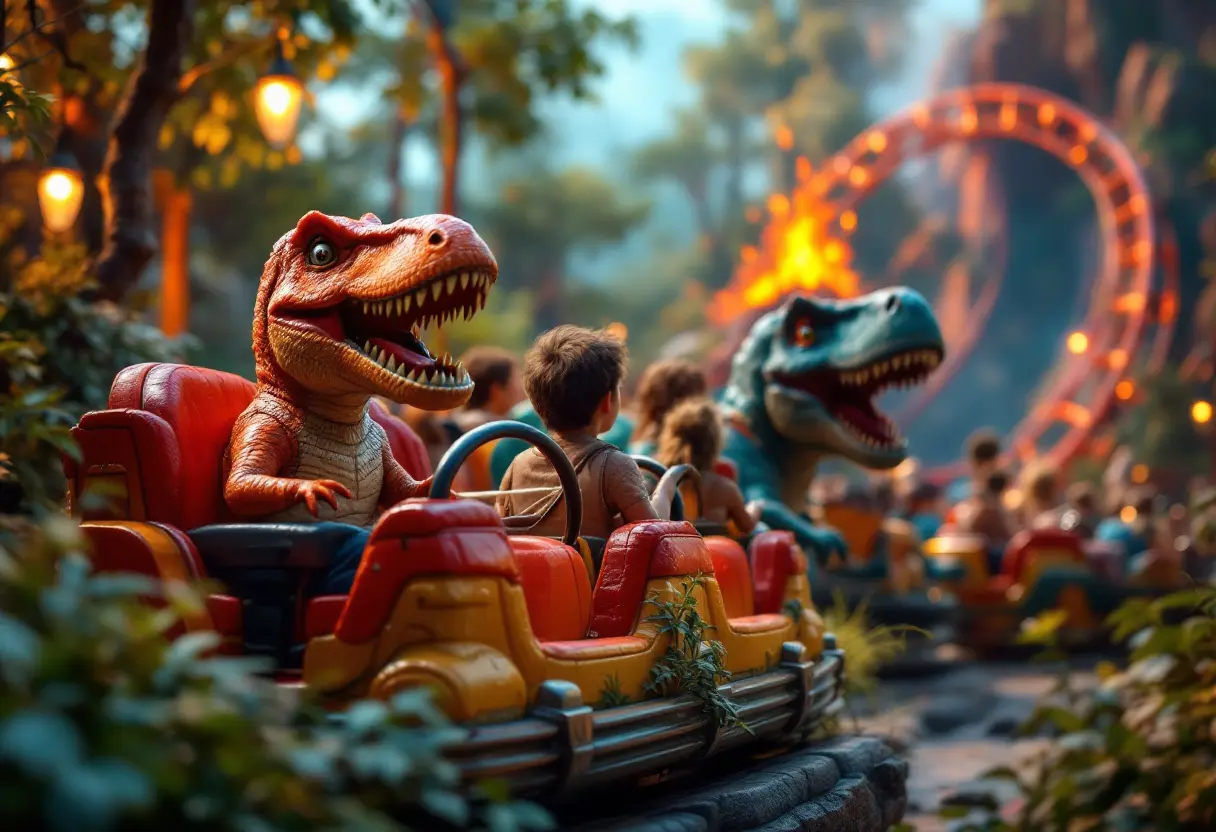 Des enfants montent à bord de voitures miniatures colorées sur un parcours entouré de décorations de dinosaures et de montagnes volcaniques enflammées.