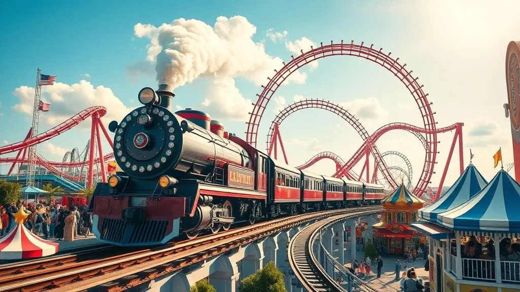 train avec un arrière plan de grands manèges